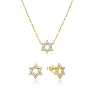 Sterling Silver Star of David Jewelry Set, CZ Crystal Necklace and Stud Earrings, Gold Plated on 925 sterling Silver (gold star+ earring)