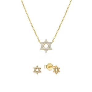 Sterling Silver Star of David Jewelry Set, CZ Crystal Necklace and Stud Earrings, Gold Plated on 925 sterling Silver (gold star+ earring)